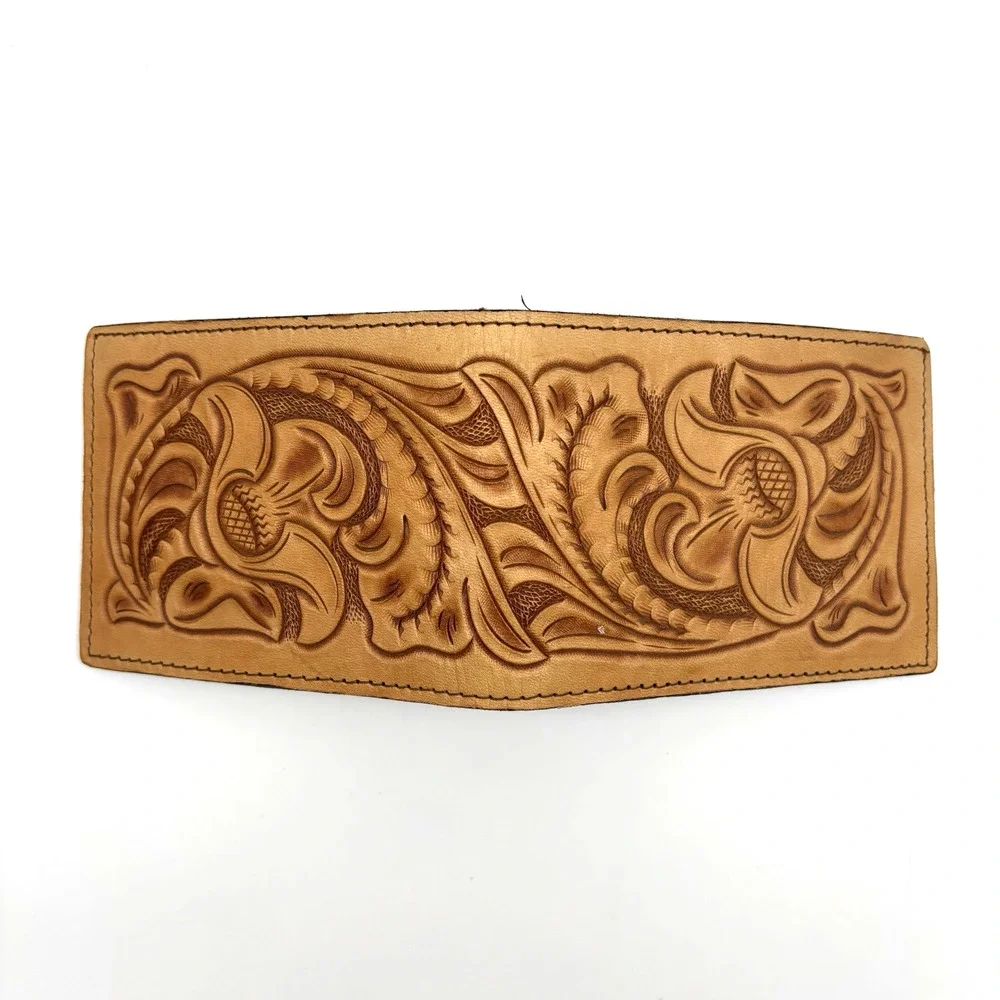 Vintage 80s 90s Handmade Floral Tooled Tan Genuine Leather Men's Bifold Wallet